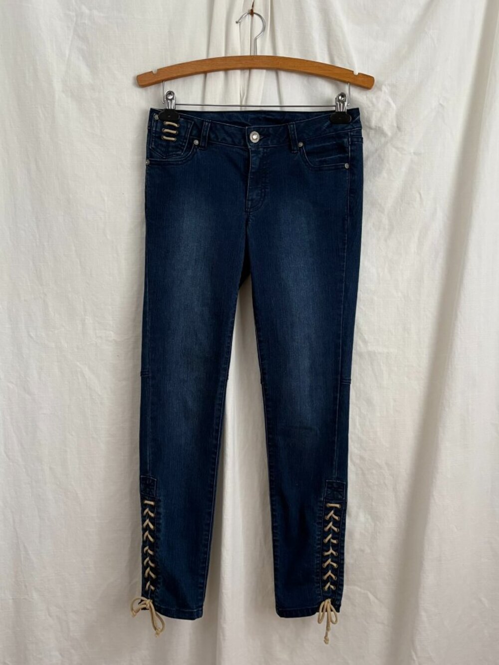 Vintage Y2K Cache Low Rise Lace Up Skinny Straight Jeans Size 4 Dark Wash Denim